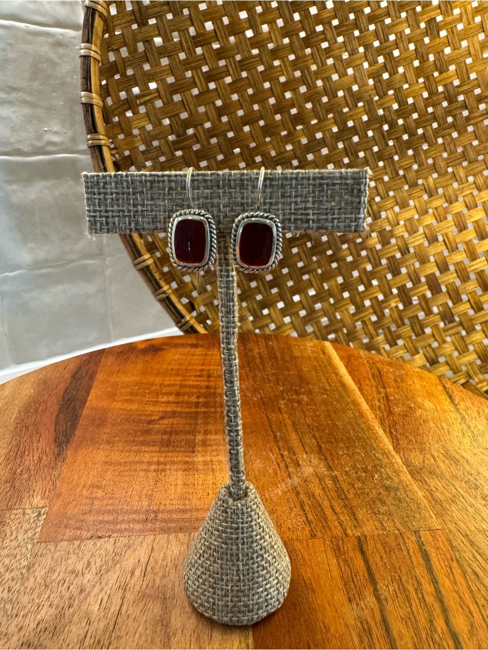 Rectangular Deep Red Stone Drop Earrings in Sterling Silver Setting